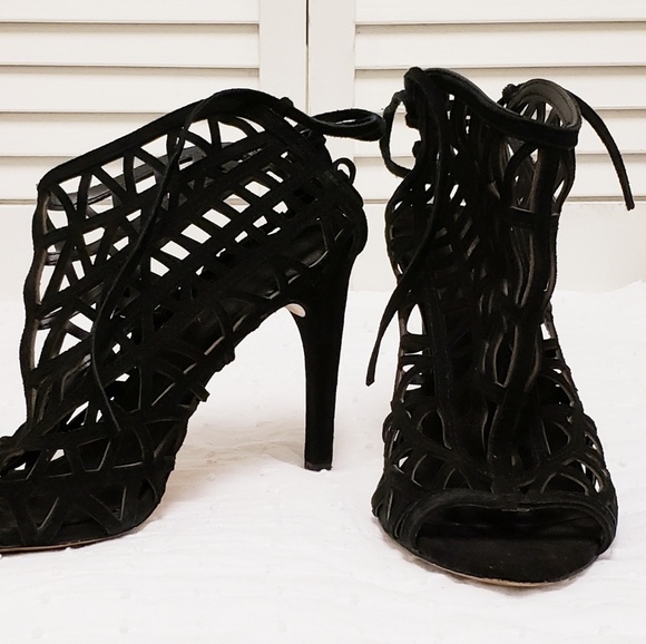 {Zara} Laser Cut Suede Open Toe Lace Up Booties.38 - Picture 6 of 7